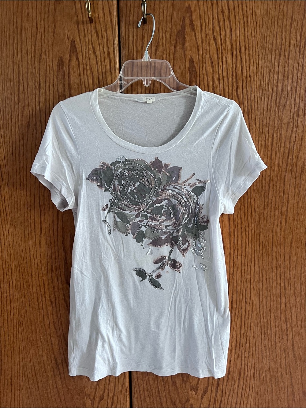 J. Crew Taupe Floral Sequin Short Sleeve Tee